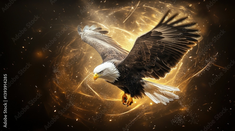 Majestic Bald Eagle in Flight Against a Stunning Golden Background with Dynamic Lighting Effects