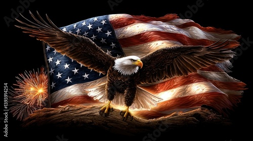 Obraz na płótnie Majestic Bald Eagle Displaying Power Against the Backdrop of the American Flag and Fireworks w salonie