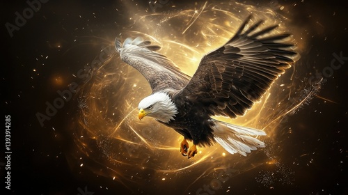 Obraz na płótnie Majestic Bald Eagle in Flight Against a Stunning Golden Background with Dynamic Lighting Effects w salonie