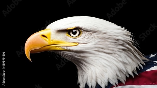 Majestic Bald Eagle Portrait with American Flag, Symbol of Freedom and Strength on a Dark Background