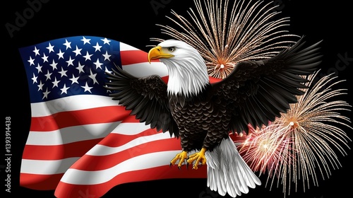 American Bald Eagle with Flag and Fireworks Celebrating Independence Day Symbol of Freedom and Patriotism