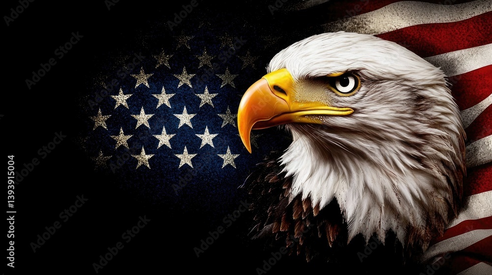 Majestic Eagle Portrait with American Flag Background Symbolizing Freedom and Strength in Nature