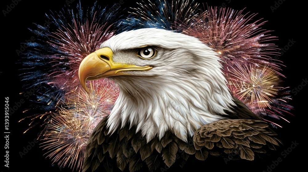 Majestic Bald Eagle Against Colorful Fireworks Display in Night Sky for Celebration Themes