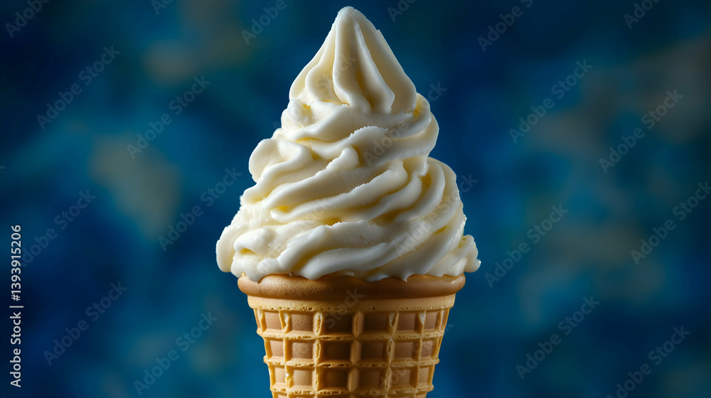 Vanilla Soft Serve Ice Cream in Waffle Cone with Blue Background