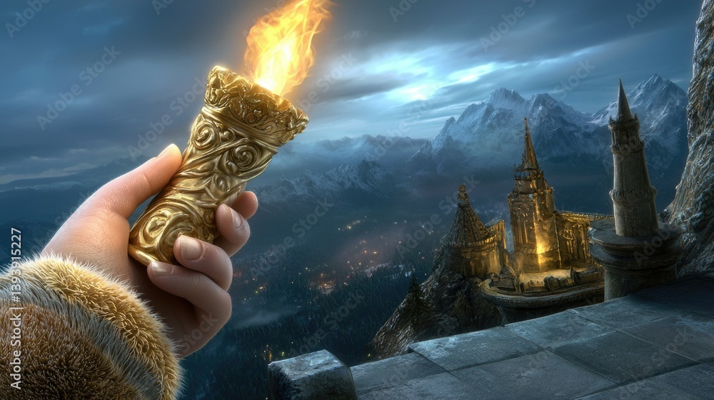 Majestic landscape with hand holding torch overlooking ancient castle and snow-capped mountains in twilight scene
