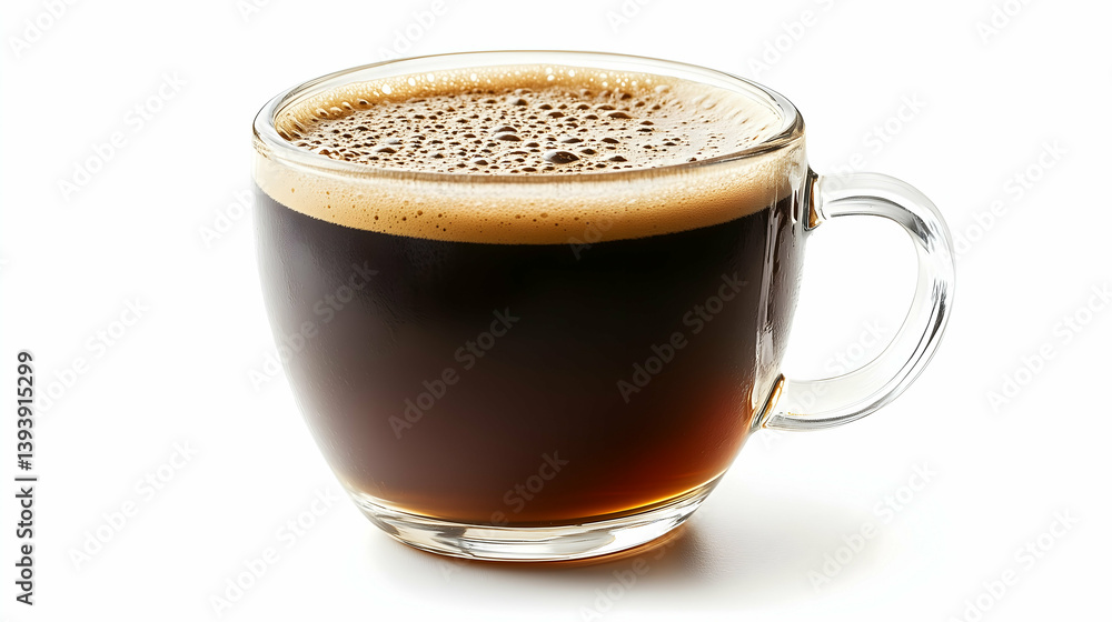 Isolated Glass Cup of Black Coffee with Crema on White Background