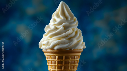 Obraz na płótnie Vanilla Soft Serve Ice Cream in Waffle Cone with Blue Background w salonie