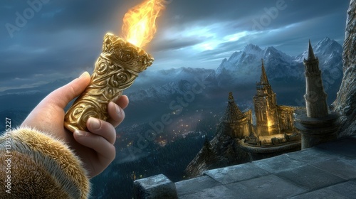 Obraz na płótnie Majestic landscape with hand holding torch overlooking ancient castle and snow-capped mountains in twilight scene w salonie