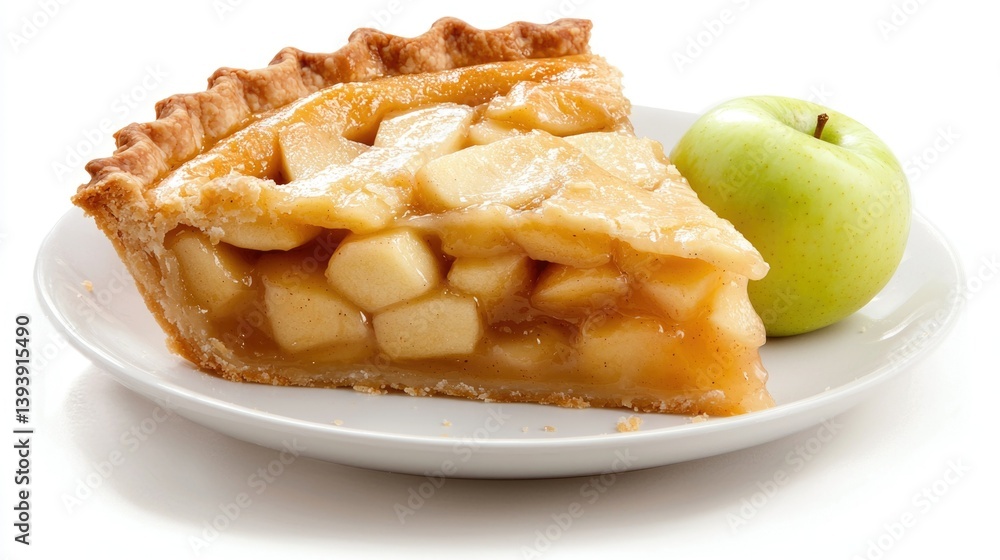 Delicious homemade apple pie slice with fresh apples served on a white plate for dessert lovers and food enthusiasts