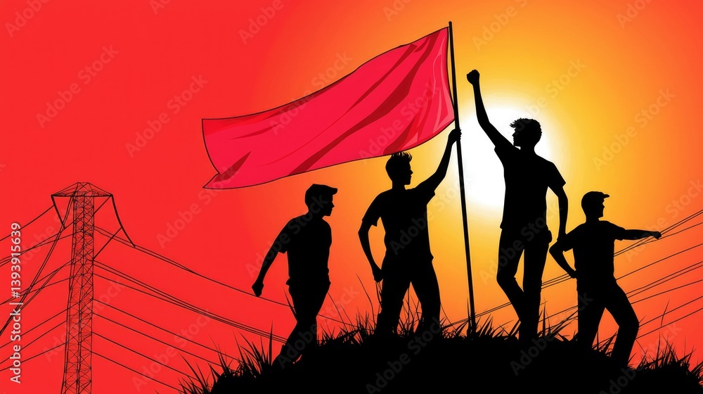 Silhouette of Protesters Holding Red Flag Against Sunset Background with Power Lines in the Horizon