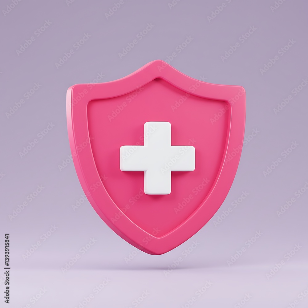 Obraz premium A pink shield with a white cross symbolizing healthcare protection and wellness, rendered in a clean, minimalist style against a soft lilac background.