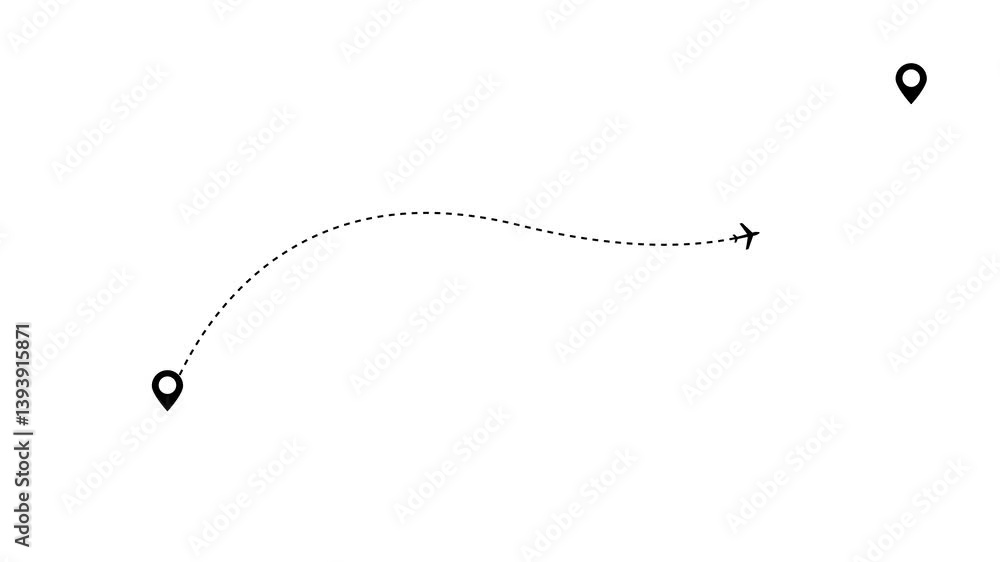 Travel plane moving curve animation.Two Location Point Connection with Lines, Location Pin Pointer on Transparent Background.Plane Route Travel concept. Flying Plane on white background. Curved Pathwa