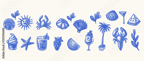 Hand-Drawn Blue Summer Vacation Icon Set - Sketch Style Collection of Beach Elements Including Palm Tree, Crab, Lobster, Shells, Ice Cream, Fruit, and Cocktails on Light Background