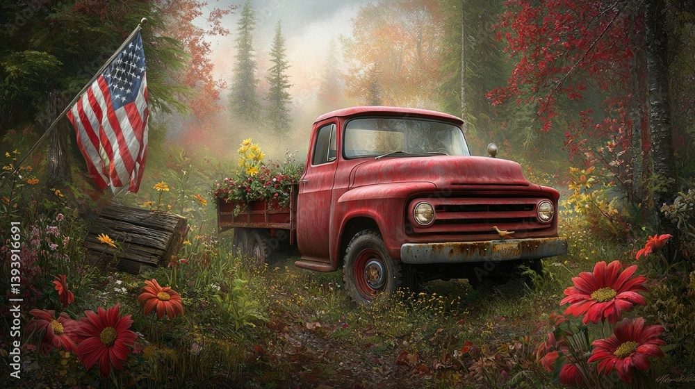 Vintage Red Truck Surrounded by Colorful Flowers and American Flag in Peaceful Autumn Landscape