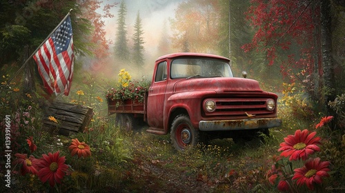 Obraz na płótnie Vintage Red Truck Surrounded by Colorful Flowers and American Flag in Peaceful Autumn Landscape w salonie