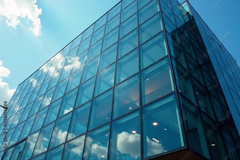 Obraz premium Glass pane facade of contemporary corporate building with geometric design, facade, windows