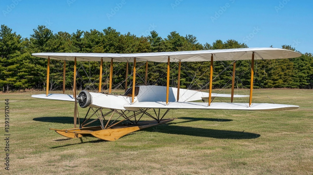 Vintage Biplane Aircraft with Wooden Frame and Canvas Wings on Green Grass in Bright Blue Sky