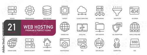 Set of line icons related to financial web hosting, server, cloud computing. Outline icons collection. Editable stroke. Vector illustration