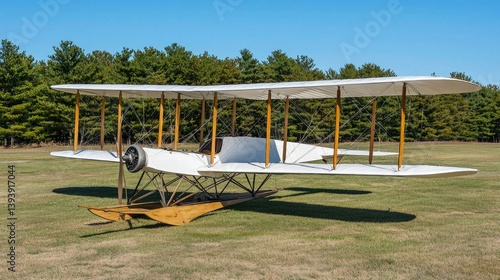 Obraz na płótnie Vintage Biplane Aircraft with Wooden Frame and Canvas Wings on Green Grass in Bright Blue Sky w salonie