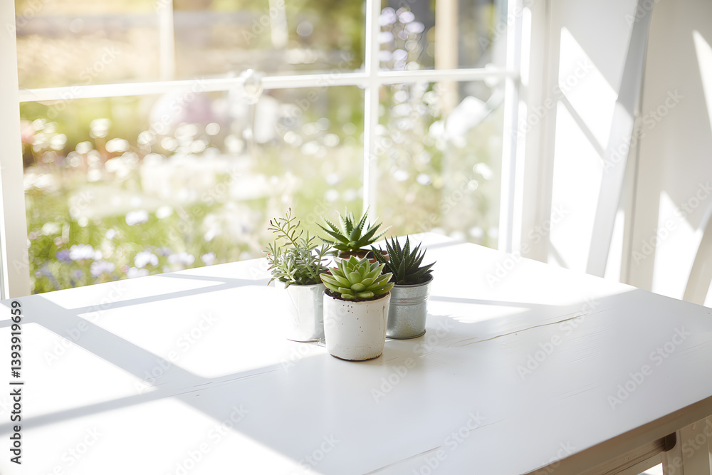 Succulents on table near window with garden view in bright sunlight indoors still life Succulents on table near window with garden view in bright sunlight indoors still life