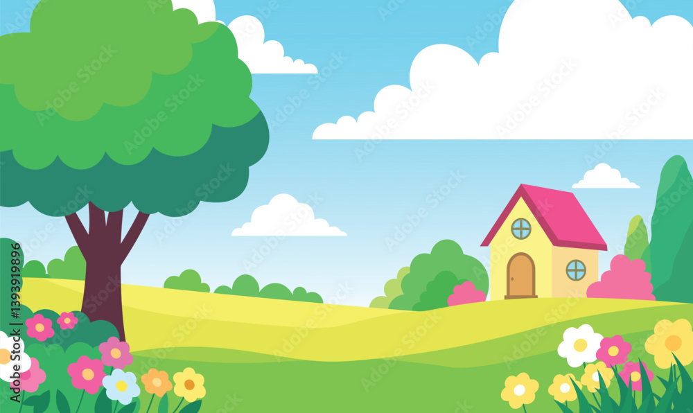 Fototapeta premium Beautiful Home House Building with Colorful Flowers Floral Garden Park Yard Landscape in Summer