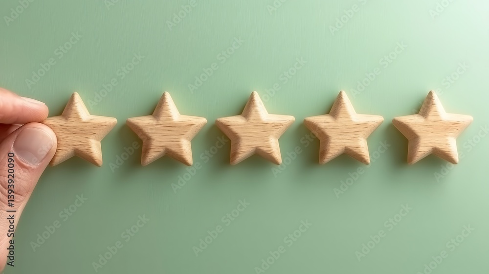 Fototapeta premium Hand places a wooden star, completing a row of five stars on a light green surface