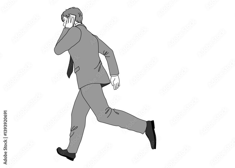 走りながらスマホで話しているビジネスマン男性のイラスト 全身横向き 後ろ姿