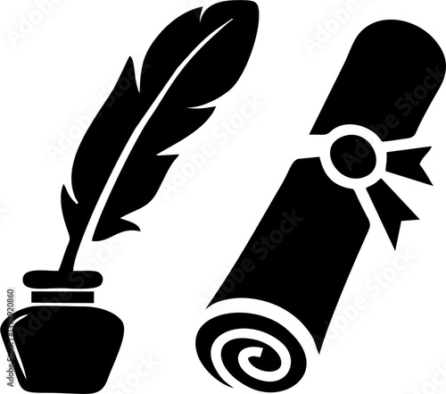 Vintage Education Icon: Quill, Inkwell & Diploma