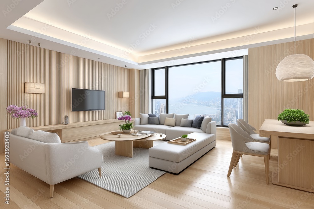 A realistic photo of a luxury hotel suite with panoramic views and elegant interior design A realistic photo of a luxury hotel suite with panoramic views and elegant interior design