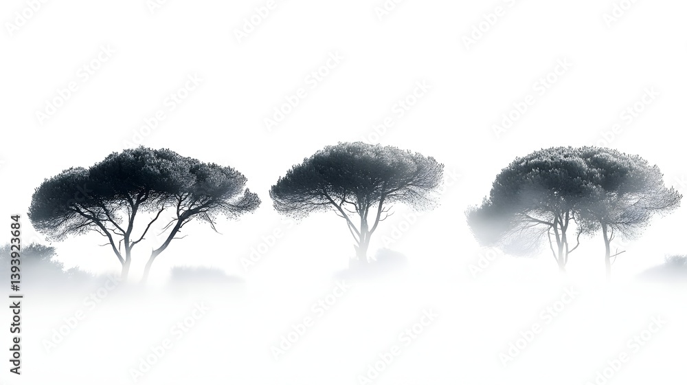 Fototapeta premium Foggy Trees Landscape with Misty Atmosphere and Silhouettes