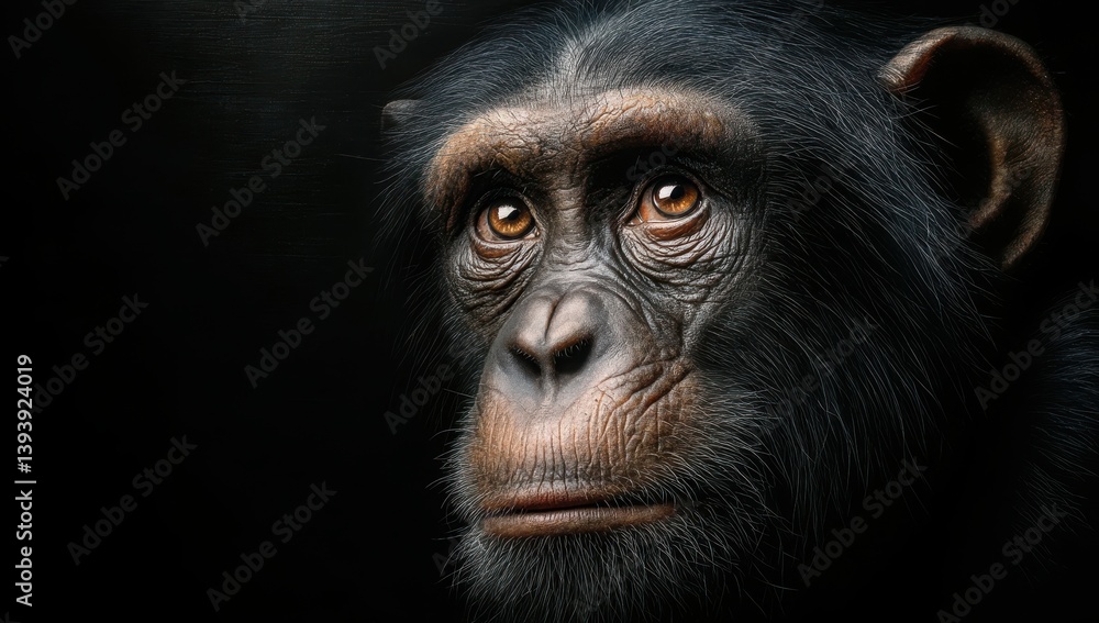 Chimpanzee Portrait: A compelling close-up portrait of a chimpanzee, its expressive eyes reflecting intelligence and emotion against a backdrop of shadowy depths. Chimpanzee Portrait: A compelling close-up portrait of a chimpanzee, its expressive eyes reflecting intelligence and emotion against a backdrop of shadowy depths.