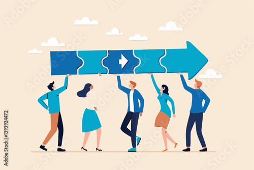 Team collaboration for success, teamwork or cooperation, employee participation or organization, partnership work together, career growth concept, business people employee connect arrow jigsaw puzzle.