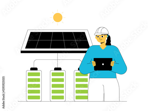 Solar panel experts regulate the system of electrical energy generated. Green energy illustration. Flat vector illustration concept.