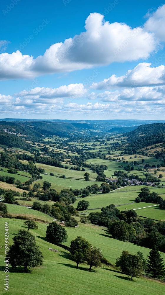 Fototapeta premium A view of a green field with trees and hills in the background