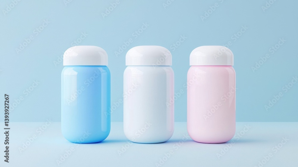 Health, immunity and innovation concept. Three stylish insulated jars in pastel colors on a blue background. Health, immunity and innovation concept. Three stylish insulated jars in pastel colors on a blue background.