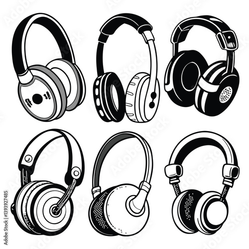 Hand-Drawn Headphones Doodle Set – 6 Unique Black and White Illustrations
