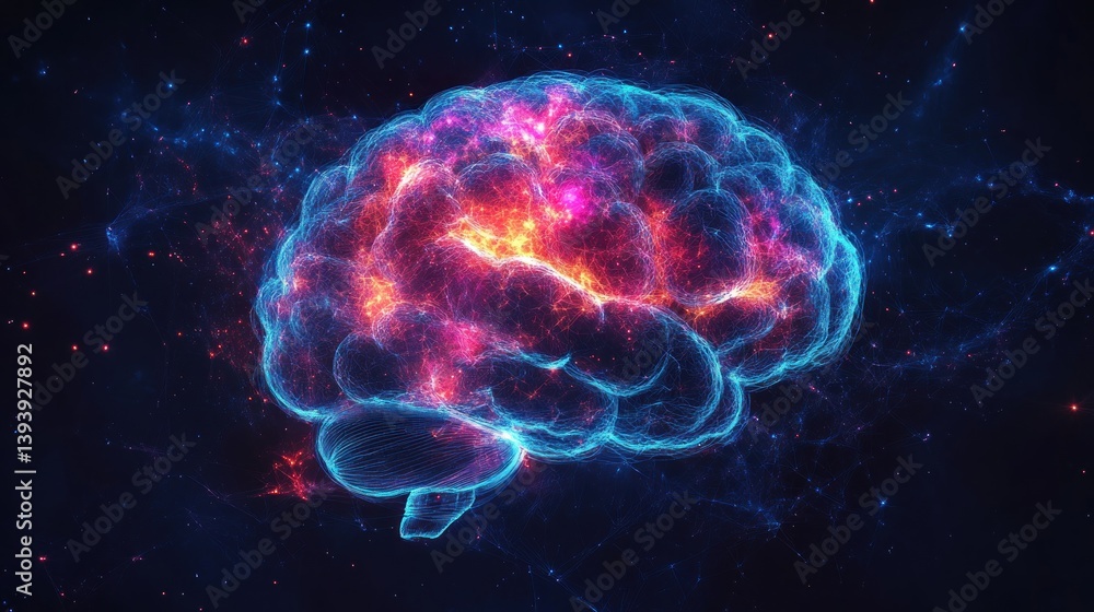 Conceptual visualization of human brain activity and neural networks with glowing digital connections and vibrant color gradients on black backdrop Conceptual visualization of human brain activity and neural networks with glowing digital connections and vibrant color gradients on black backdrop