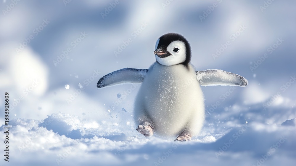 Naklejka premium A baby penguin waddling through the snow, tiny wings spread out, --ar 16:9 --v 6.1 Job ID: ae5b4fd6-be93-4c47-be6a-8b13564cdb21