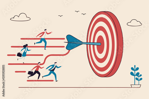 Team target or goal achievement, company or corporate objective and purpose to success in work, strategy or same direction to win together concept, business people employee running to reach target.