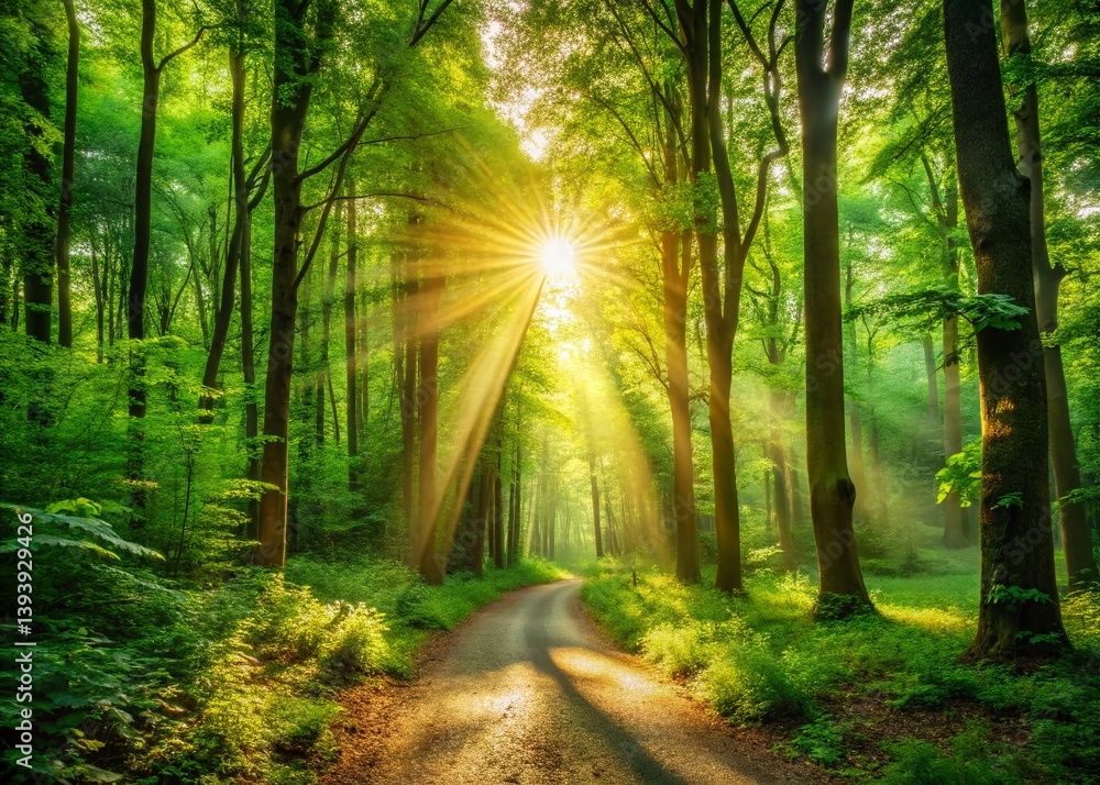 Obraz premium SunDappled Forest Path Lush Green Canopy Bathed in Golden Sunlight A Tranquil Escape Amidst Natures Embrace