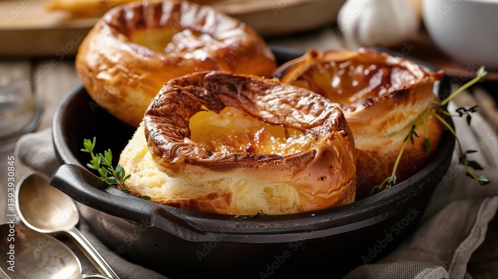 An appealing Yorkshire pudding is attractively presented. The Yorkshire pudding has a puffy, golden - brown exterior, with a characteristic cup - like shape. It is well - risen, indicating a successfu An appealing Yorkshire pudding is attractively presented. The Yorkshire pudding has a puffy, golden - brown exterior, with a characteristic cup - like shape. It is well - risen, indicating a successfu