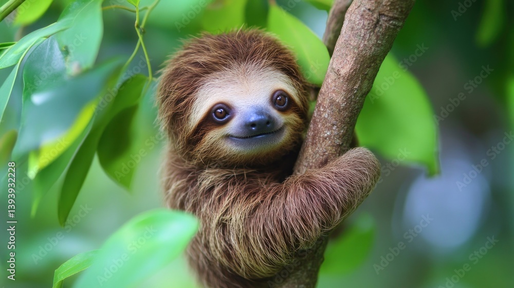 A baby sloth hanging from a tree branch, smiling gently, --ar 16:9 --v 6.1 Job ID: fbbfdfcf-5db0-4e7c-978e-8f0be0552565 A baby sloth hanging from a tree branch, smiling gently, --ar 16:9 --v 6.1 Job ID: fbbfdfcf-5db0-4e7c-978e-8f0be0552565