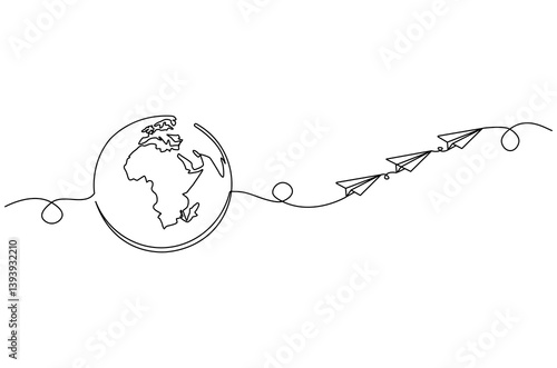 Continuous one line drawing of Globe earth with paper airplane. Single line drawing illustration of earth and papper plane. Start journey concept vector art. Doodle line illustration.