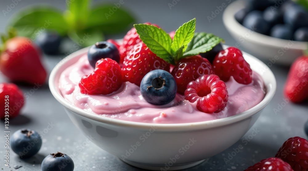 A delightful bowl of creamy pink yogurt, topped with a vibrant mix of fresh strawberries, raspberries, and blueberries, garnished with a sprig of refreshing mint. A delightful bowl of creamy pink yogurt, topped with a vibrant mix of fresh strawberries, raspberries, and blueberries, garnished with a sprig of refreshing mint.