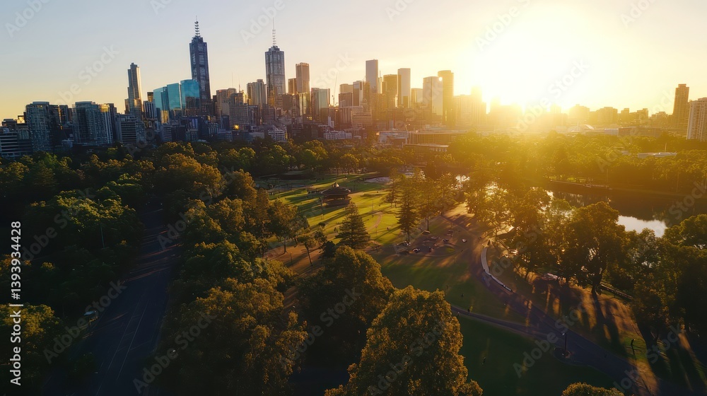 Obraz premium Aerial sunset view of city skyline over park