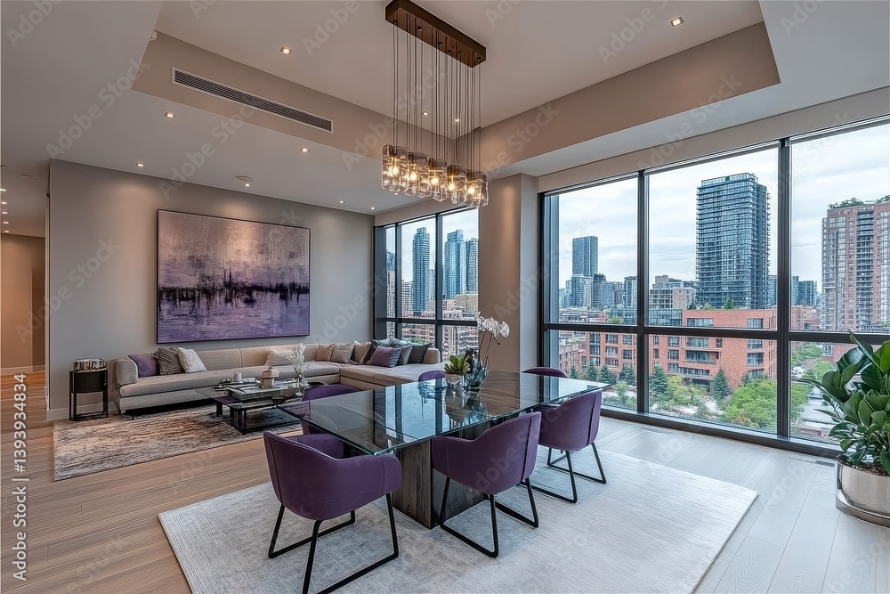 Fototapeta premium Modern glass and wood dining table with purple chairs, art on the wall, large cityscape window, chandelier, light grey walls, and walnut hardwood floor.