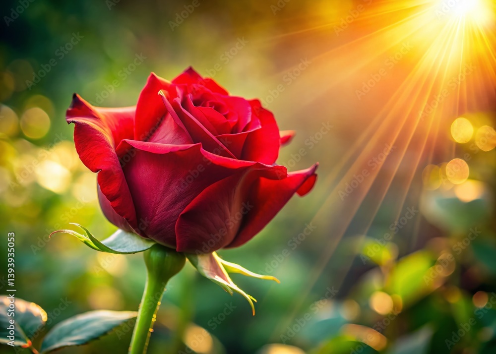 Obraz premium Closeup of a Vibrant Sunlit Red Rose Bud Exquisite Detail and Floral Beauty Captured in Stunning Photography
