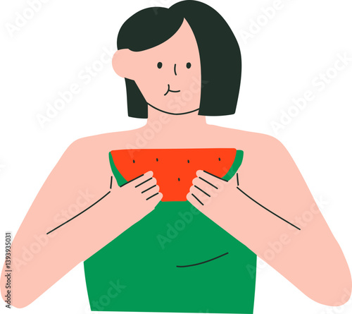 Woman Eating Slice of Watermelon in Summer Illustration