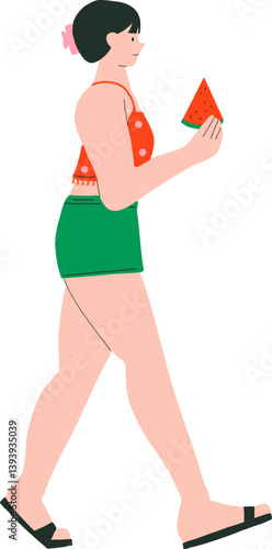 Woman Holding Slice of Watermelon while Walking