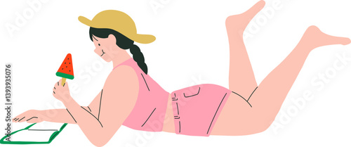 Woman is Relaxing while eating Watermelon and Reading a book